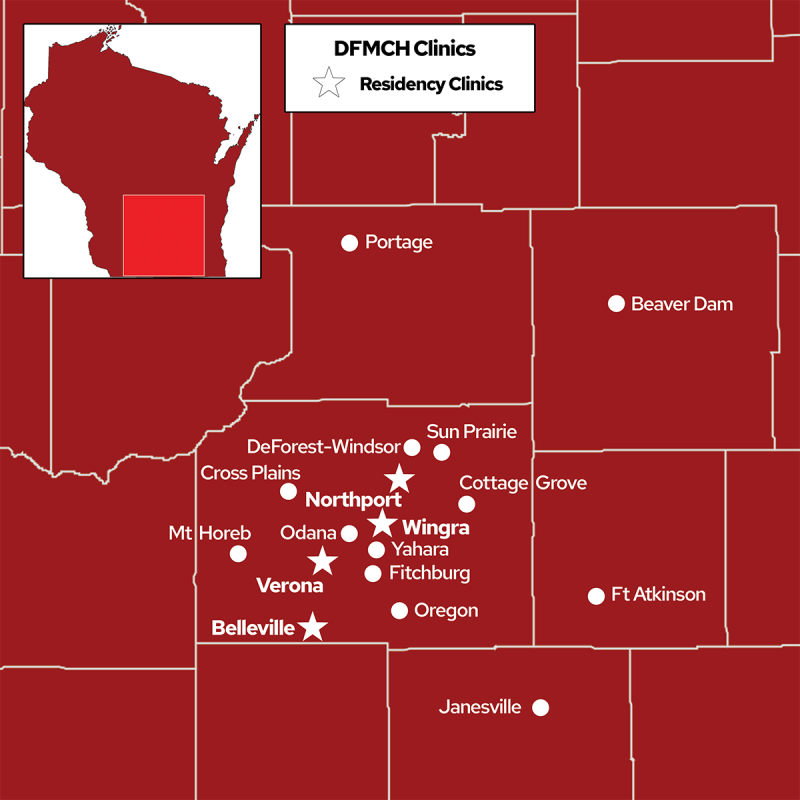 Map of South Central Wisconsin showing DFMCH clinic locations