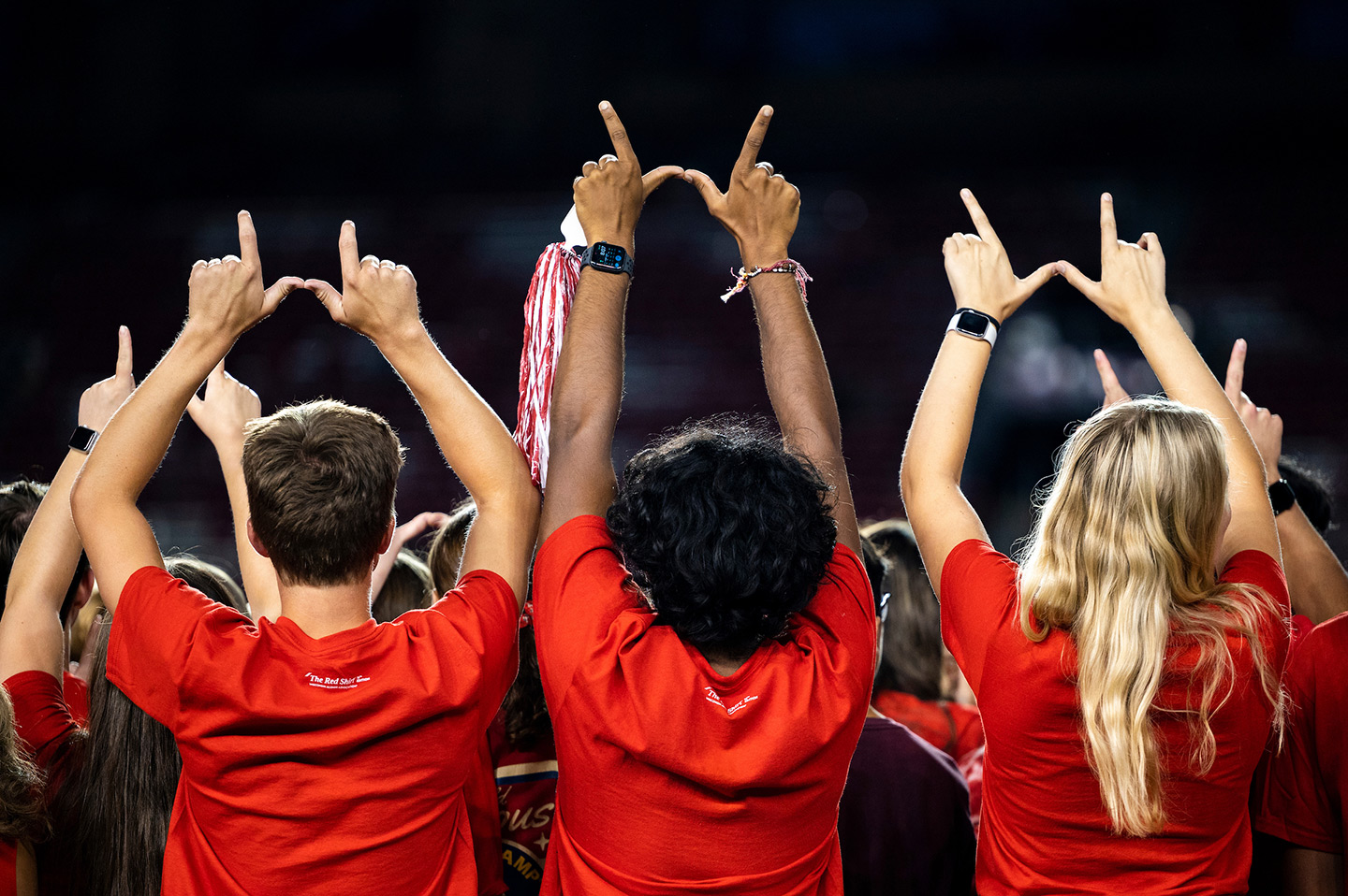 First-year students create the letter "W" with their hands during the W Project on Barry Alvarez Field at Camp Randall Stadium at the University of Wisconsin-Madison on Sept. 1, 2023. (Photo by MK Denton / UW–Madison)