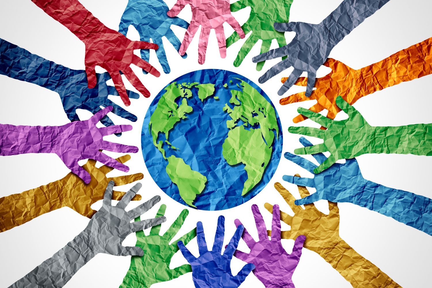 An illustration showing various brightly colored paper cutouts in the shape of hands surrounding a planet earth in the center.