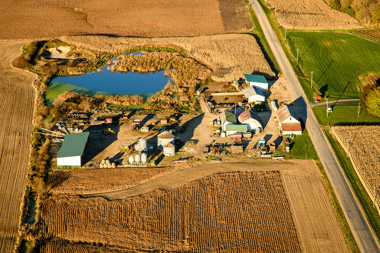 Rural Wisconsin farm land northeast of Madison near Baraboo is pictured in an early morning aerial taken from a helicopter on Oct. 23, 2018. (Photo by Bryce Richter /UW-Madison)