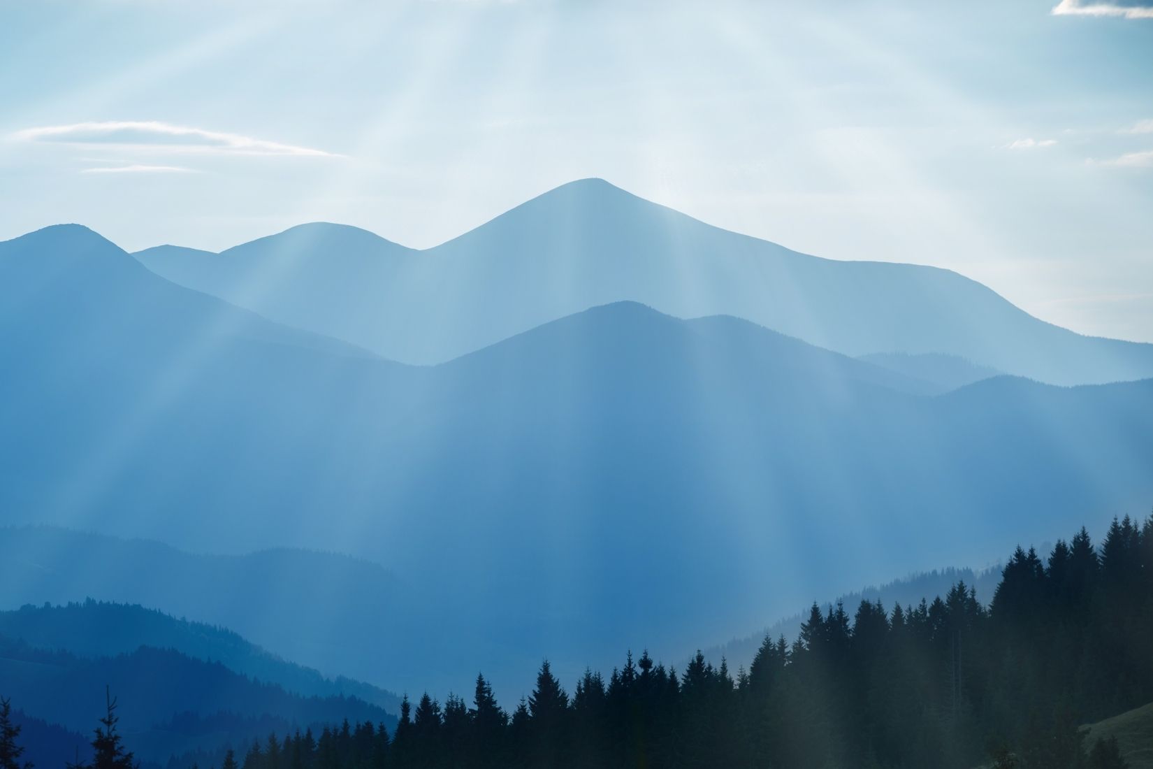 Landscape with blue mountains and forest at sunset.