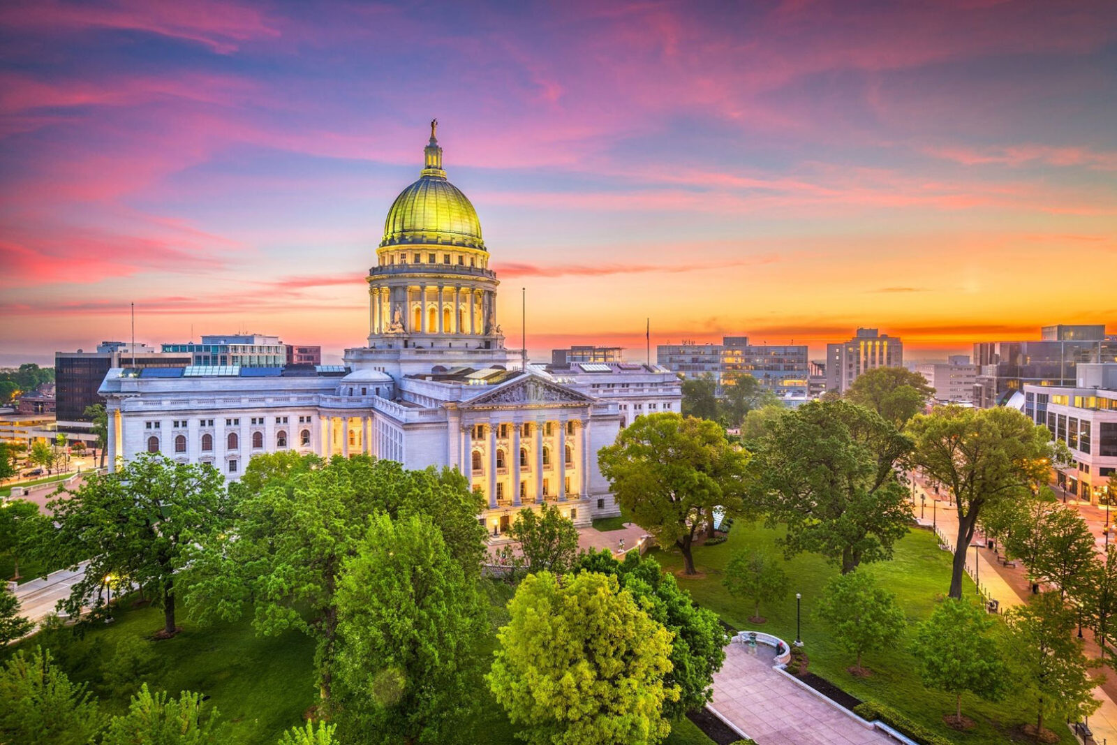 Madison, Wisconsin state capitol building and dusk. 