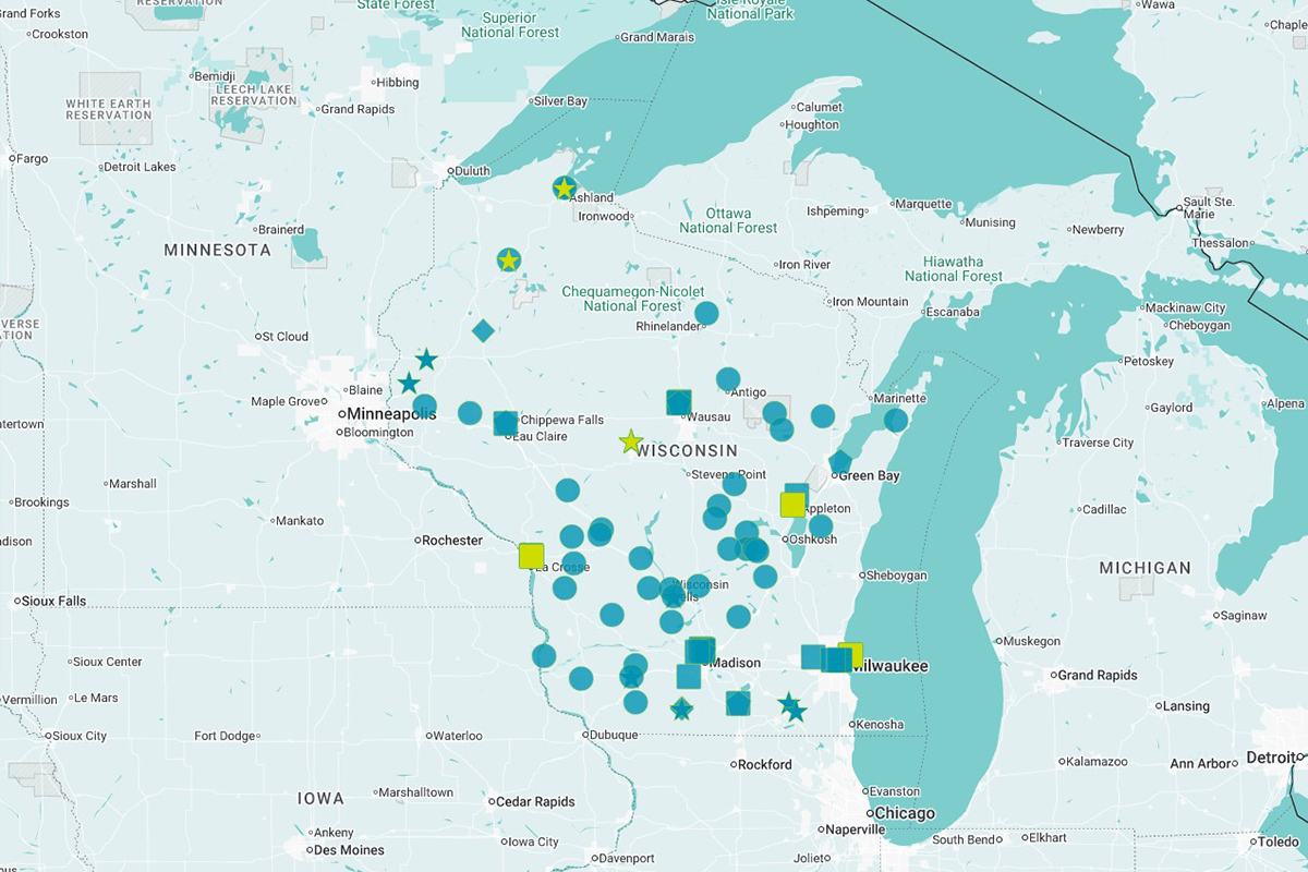 A Google map screengrab of Wisconsin showing locations of rural graduate medical education in Wisconsin.
