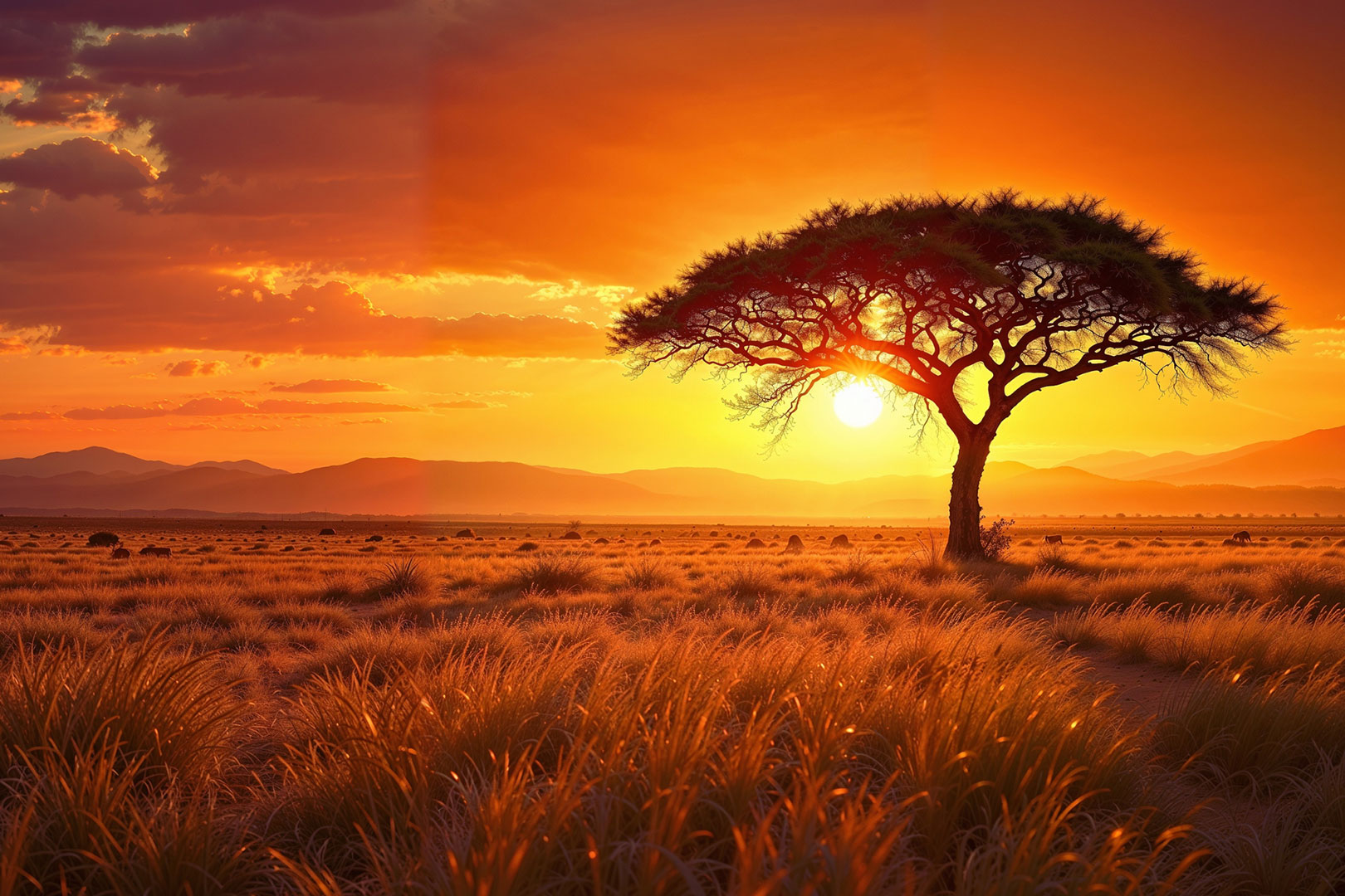 Acacia tree silhouetted against a vivid orange sunset on an African savanna, with golden grasslands and distant mountains.