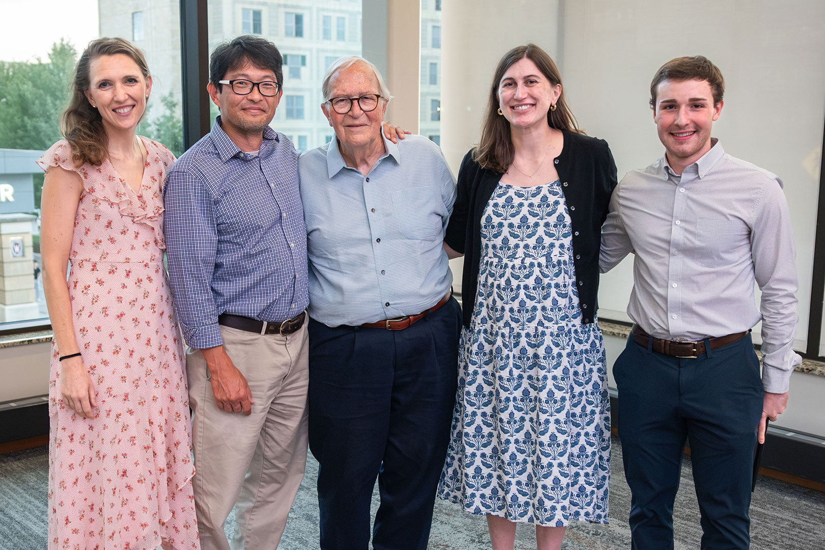Dr. Frey and four writing award winners pose in a row.